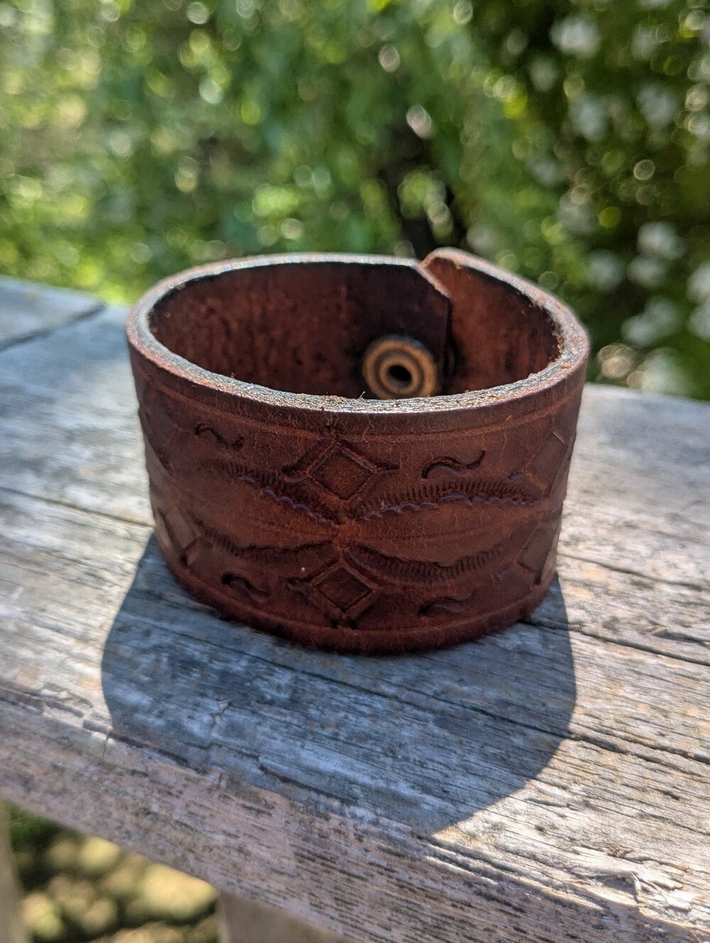 Hand-Tooled Brown Leather Cuff Bracelet